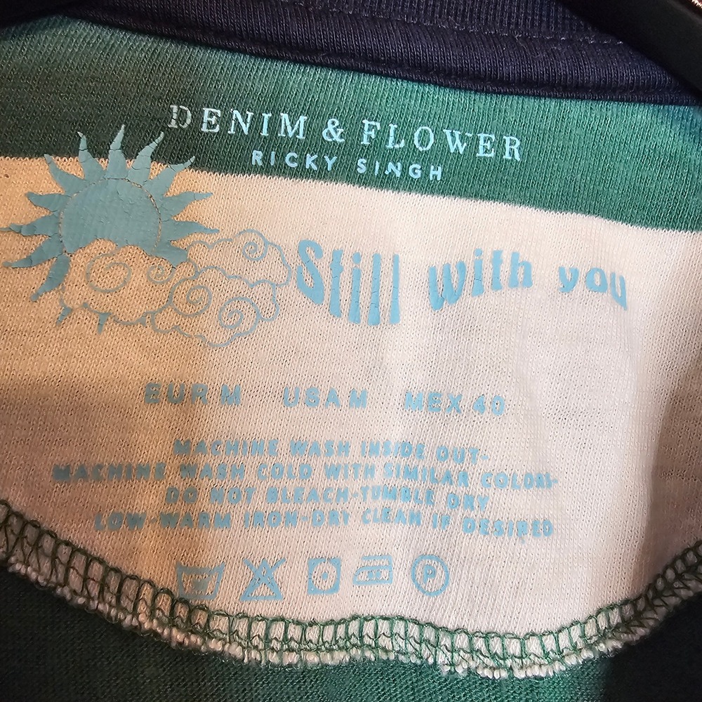 Denim & Flower Ricky Singh Medium Green Cream Striped Floral Embroidered T-Shirt - Picture 6 of 10
